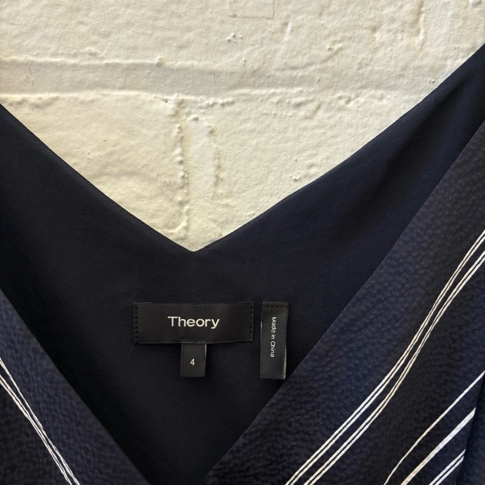Theory || Hammered Silk Stripe Spaghetti Wrap Dress Midi Navy 4 - Picture 5 of 6